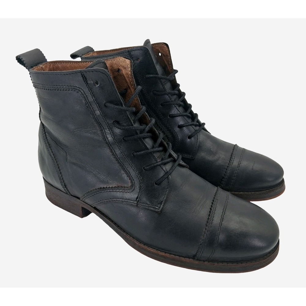 Leather Combat Boots Womens EU 38 US 7 Black Cap Toe Lace Up Ankle Casual Boots